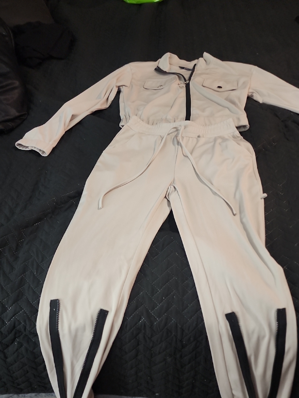 Women's Light Beige Drawstring Jogger Pants with Ankle Zip Detail